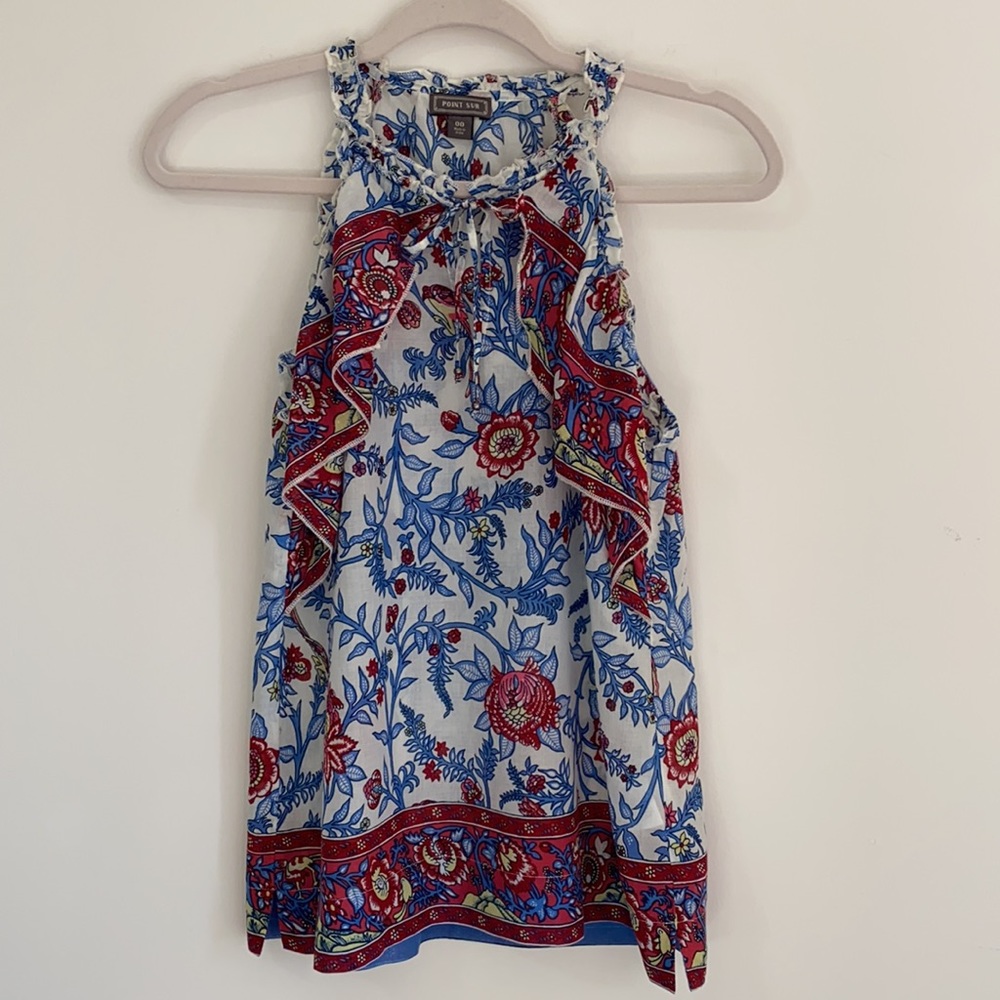J.Crew Point Sur Sleeveless Ruffle Block Print Top
